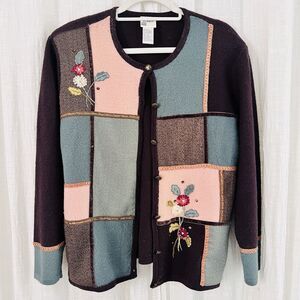 Vintage Koret Colorful Pastel Floral Embroidered Cardigan Sweater - Size Large